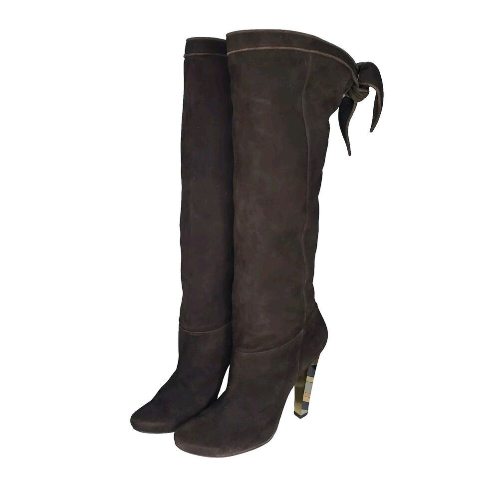 Jimmy Choo Brown Suede Leather Knee High Heel Stiletto Bow Tie Boots Size 42 EU